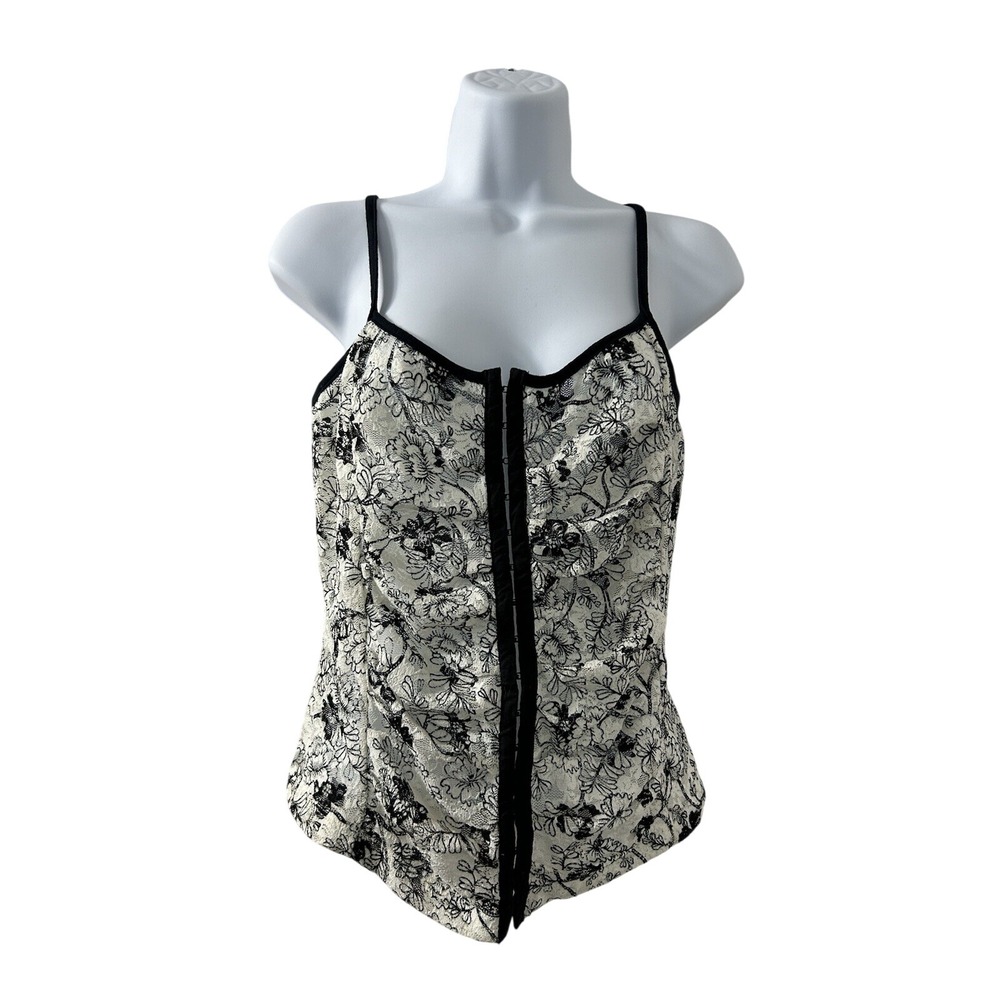 Free People Floral Lace Corset Cami Top M White Black Hook Eye Ruched Coquette
